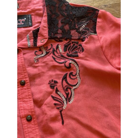 ROAR‎ Western Embroidered Rhinestone Pearl Snap Shirt Roll Tab Sleeves M Country - Picture 6 of 16